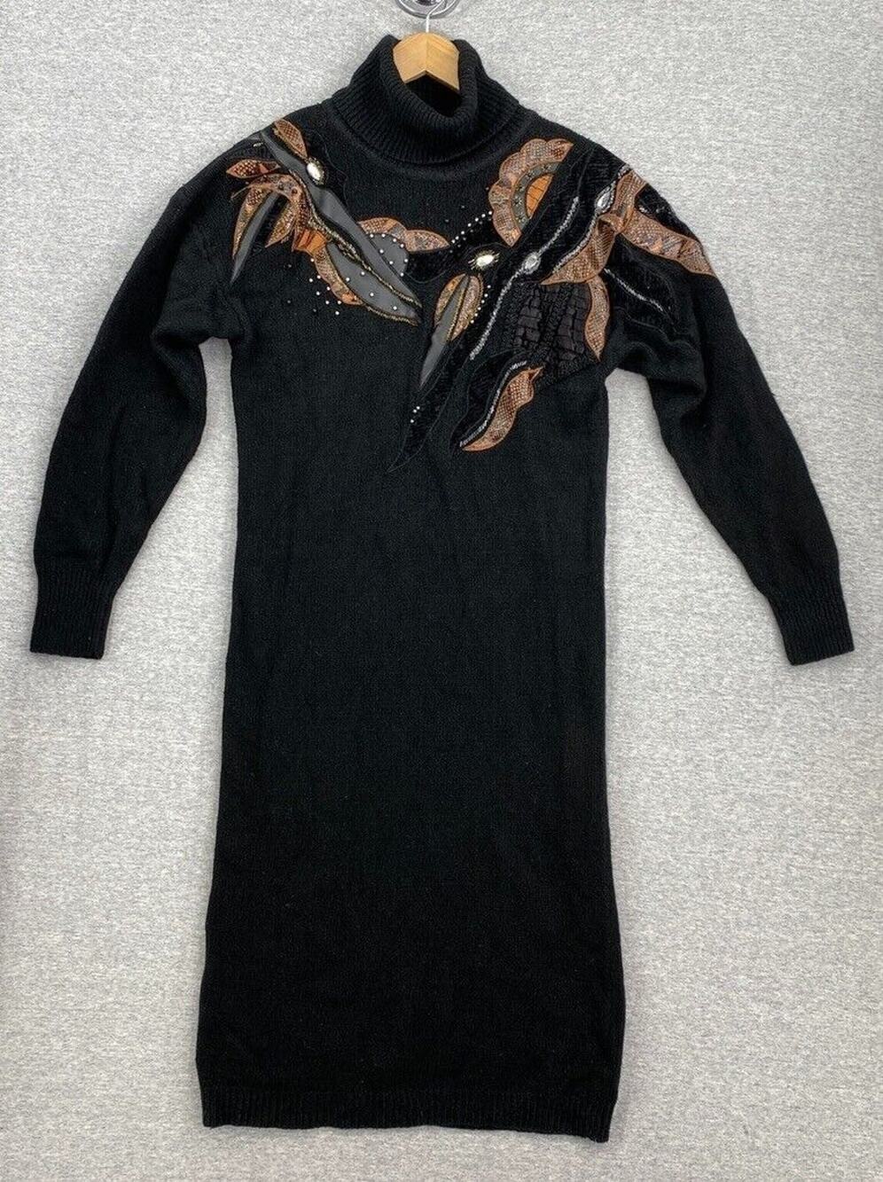 Vintage Susan Bennett Sweater Dress Womens Medium Black Silk Angora Stretch 80s